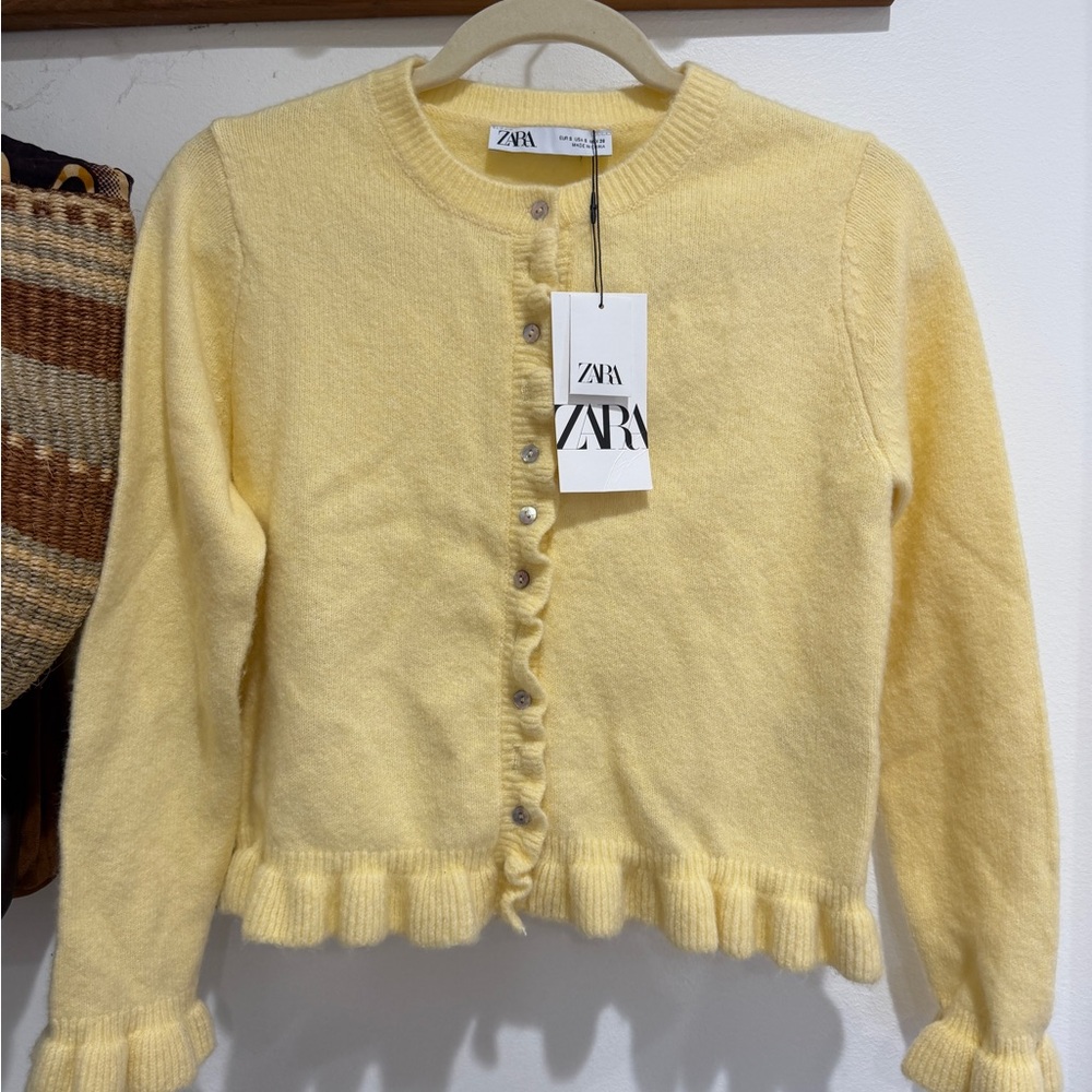 ZARA Pale Yellow Ruffle-Trim Button Cardigan